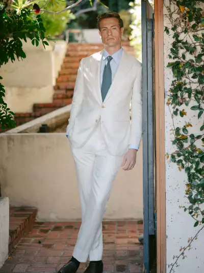 Thom Sweeney SS25 collection white linen suit