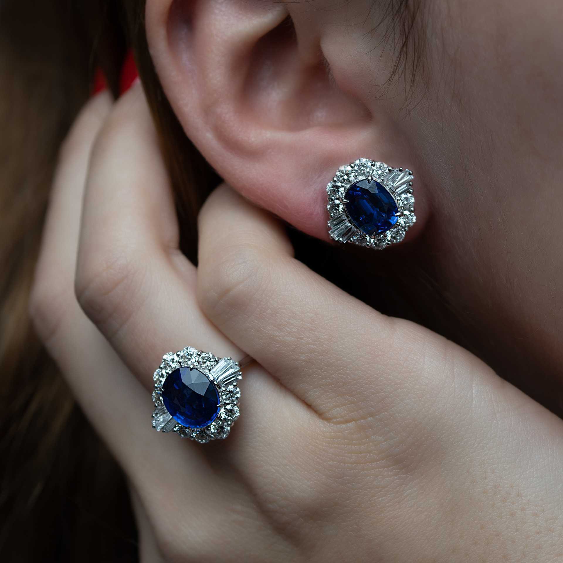 Lot 195: a pair of sapphire and diamond cluster ear studs, estimate £4,000-£6,000; lot 194: a sapphire and diamond cluster ring estimate, £3,000-£5,000.