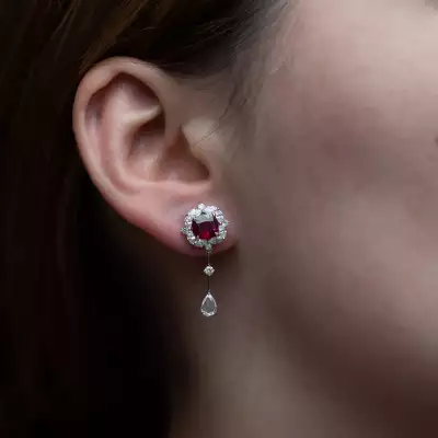 Lot 193: a pair of ruby and diamond cluster ear pendants, estimate &pound;8,000-&pound;10,000.