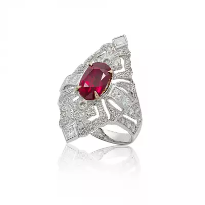 Lot 188: a ruby and diamond marquise-shaped ring, estimate &pound;3,000-&pound;5,000.