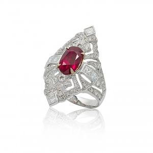 Lot 188: a ruby and diamond marquise-shaped ring, estimate £3,000-£5,000.