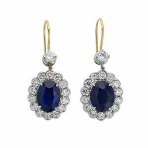 Lot 197: a pair of sapphire and diamond cluster ear pendants, estimate £8,000-£10,000.