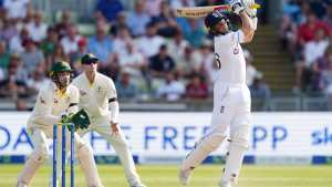 Unbeaten centurion Joe Root hits out during the first innings of the 2023 Ashes Test at Edgbaston.