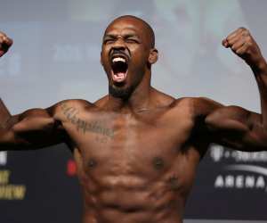 Jon Jones poses during the ceremonial UFC 235 mixed martial arts weigh-in event in Las Vegas, Friday, March 1, 2019