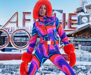 Model wearing Winternational ski outfit