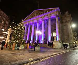 The Royal Exchange lit up at night