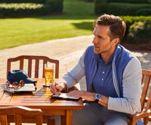 Model wearing Peter Millar clothing