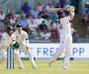 Unbeaten centurion Joe Root hits out during the first innings of the 2023 Ashes Test at Edgbaston.