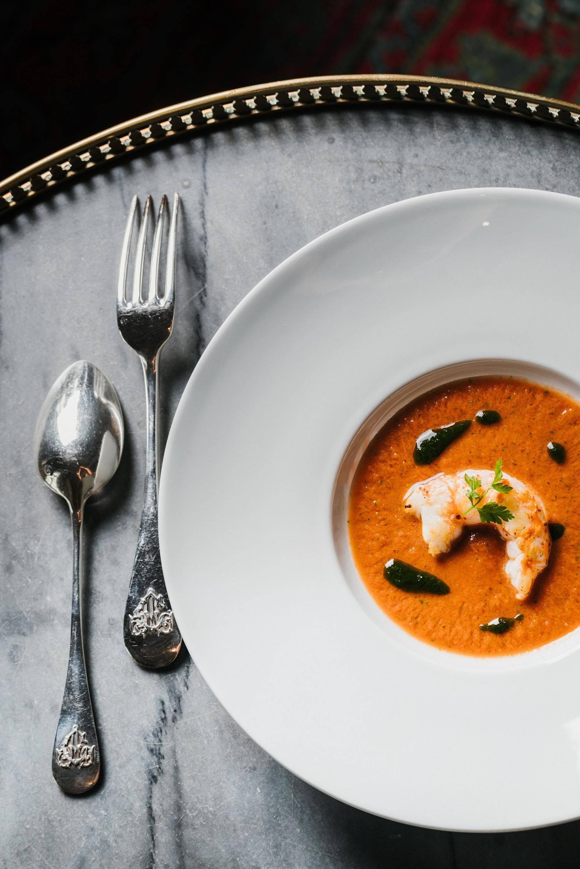Tomato soup with basil and langoustines Tomato soup with basil and langoustines