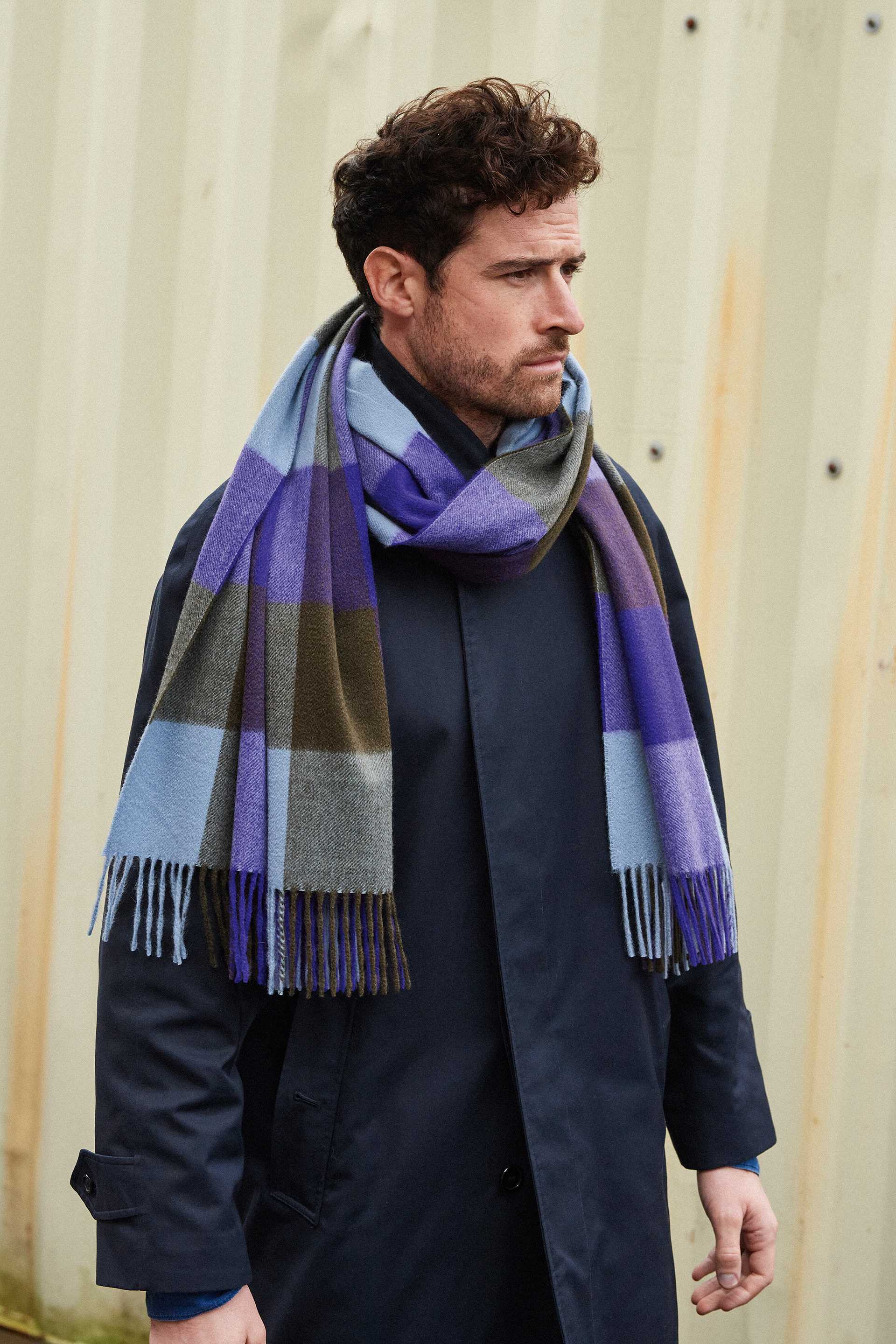 JOSHUA ELLIS Block check purple cashmere stole, £395 JOSHUA ELLIS Block check purple cashmere stole, £395