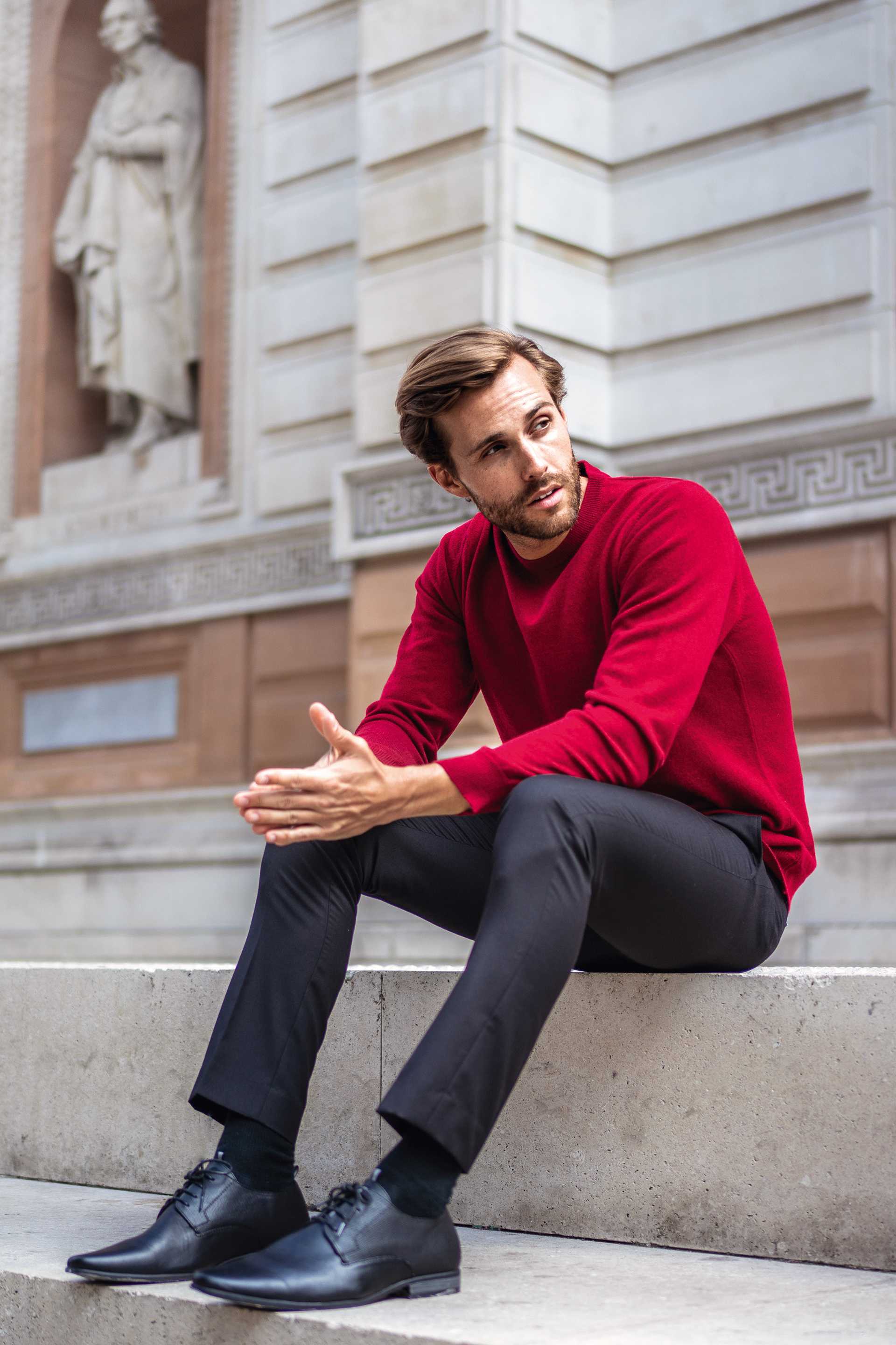 LINEA AZZURRO Men’s cashmere cherry red crew neck jumper, £129 LINEA AZZURRO Men’s cashmere cherry red crew neck jumper, £129
