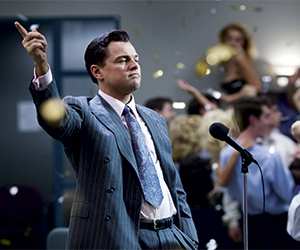 Leonardo DiCaprio playing Jordan Belfort in The Wolf of Wall Street