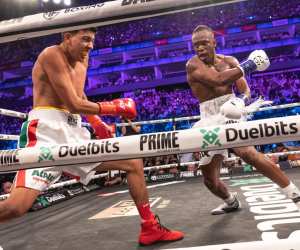 Youtube personality KSI of England and Luis Alcaraz Pineda of Mexico during their ‘Two Fights in One Night’ cruiserweight boxing bout