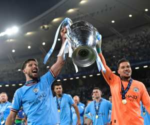 Istanbul, Turkey. 10th June, 2023. Ruben Dias (3) and goalkeeper Ederson (31) of Manchester City seen celebrating as the winners of the UEFA Champions League final between Manchester City and Inter Milan at the Ataturk Stadium in Istanbul. (Photo Credit:
