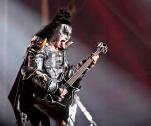 The American rock band Kiss performs a live concert at the Swedish music festival Sweden Rock Festival 2013. Here vocalist and singer Gene Simmons is seen live on stage.