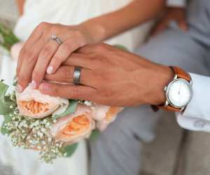 Close-up of a bride and groom's hands getting married
