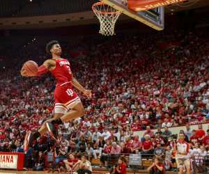 Indiana University men's basketball player Justin Smith (3) competes in the dunk contest during Hoosier Hysteria, Saturday, October 5, 2019 at Assembly Hall in Bloomington, Ind. The Hoosier Hysteria event officially kicks off basketball season at Indiana