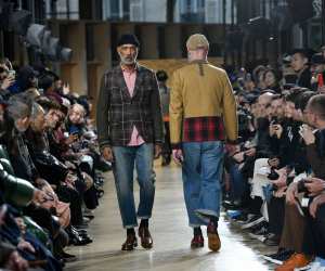 Models present creations from Junya Watanabe during Paris Men's Fashion Week