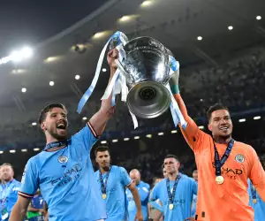 Istanbul, Turkey. 10th June, 2023. Ruben Dias (3) and goalkeeper Ederson (31) of Manchester City seen celebrating as the winners of the UEFA Champions League final between Manchester City and Inter Milan at the Ataturk Stadium in Istanbul. (Photo Credit: