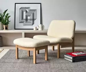 DAWN OF A NEW MID CENTURY: The Clore Lounge chair and Ottoman reference a 1960s private penthouse designed by Tamar de Shalit for Sir Charles Clore, shown here upholstered in cream Bute wool fabric.