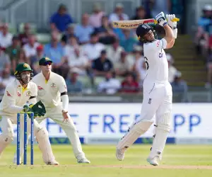 Unbeaten centurion Joe Root hits out during the first innings of the 2023 Ashes Test at Edgbaston.